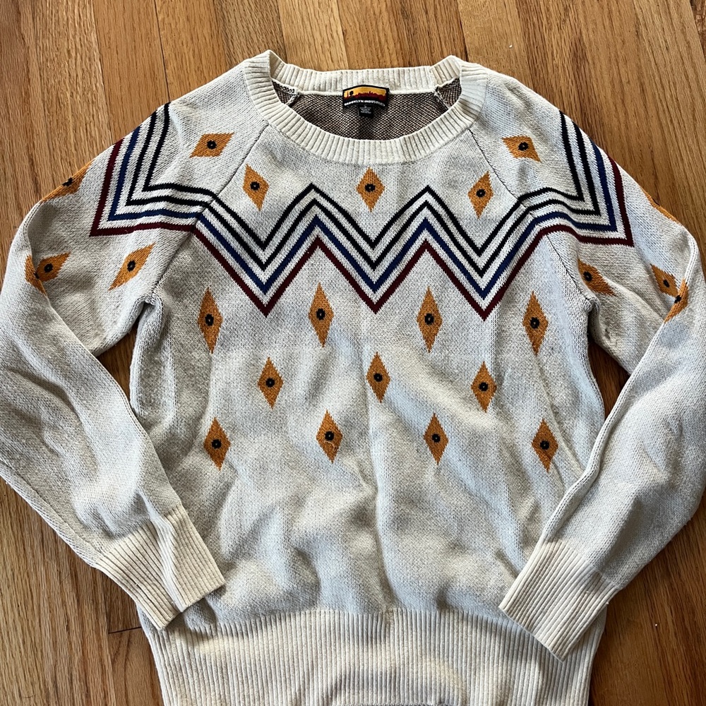 Wool and Cotton Blend Cream Patterned Crewneck Sweater